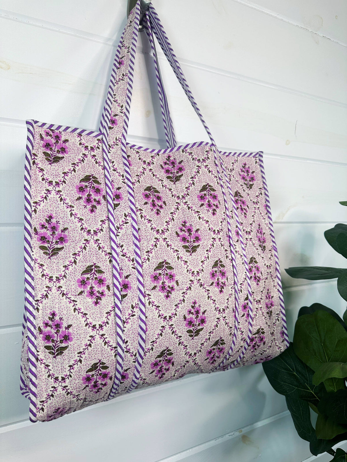 Quilted Tote Bag | Purple Floral Bag | Large Shopping Tote