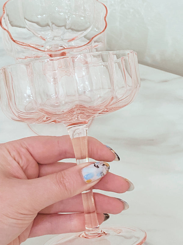 Set of 2 Pink Wavy Flower Coupe Glasses