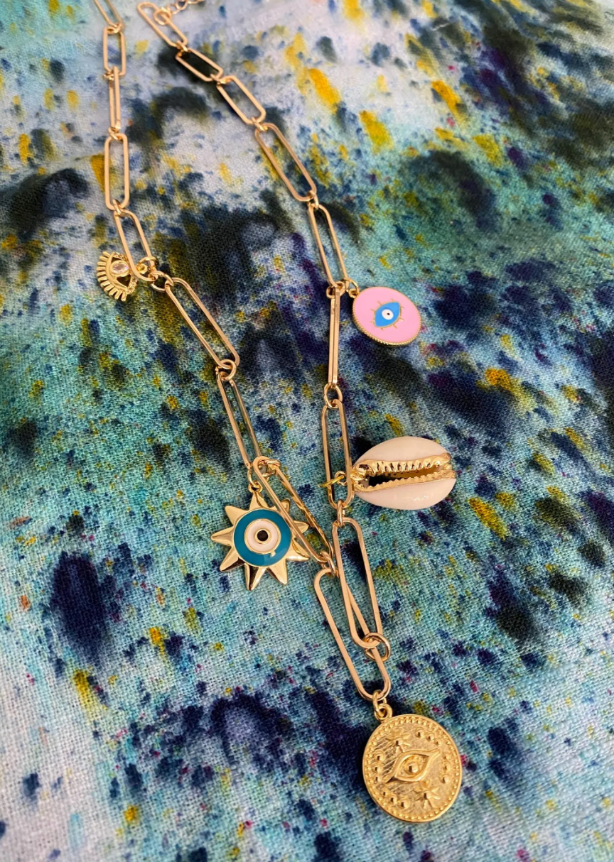 Pink and Turquoise Evil Eye Paperclip Chain Charm Necklace