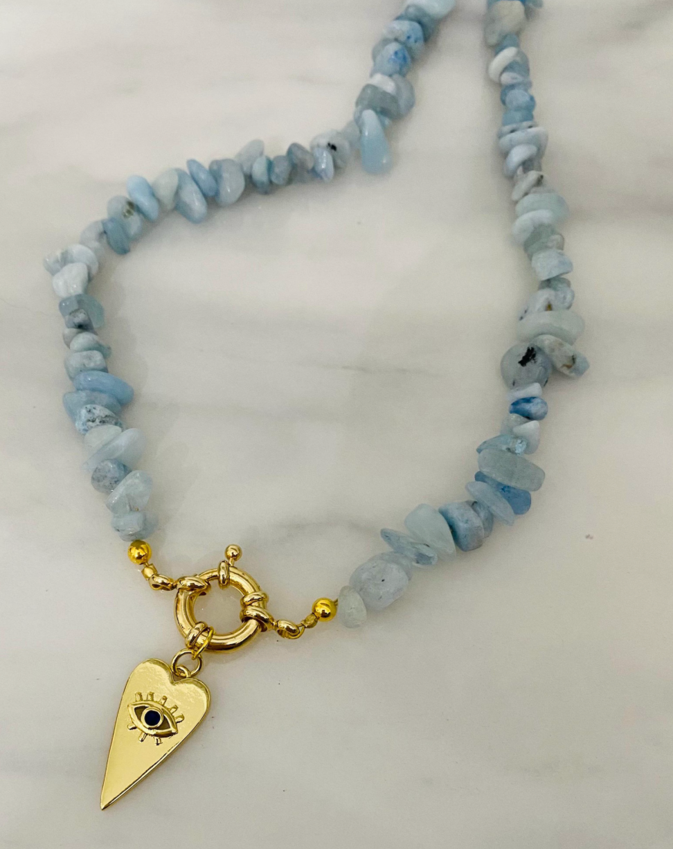 Evil Eye Aquamarine Charm Necklace