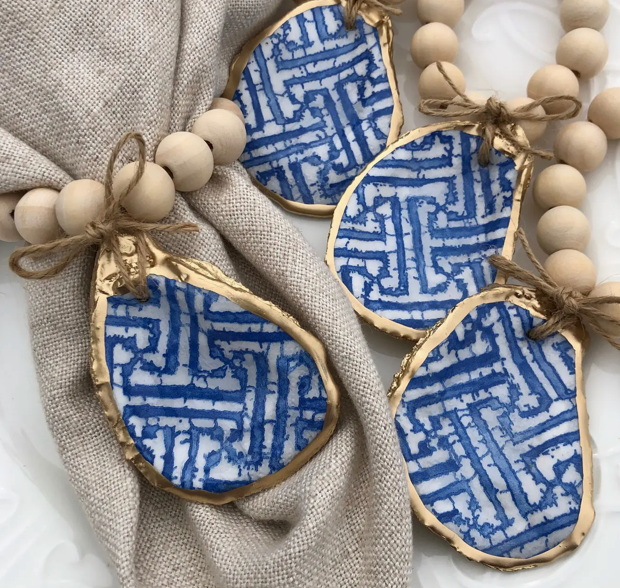 Blue Trellis Print Oyster Shell Napkin Rings- Set of 6