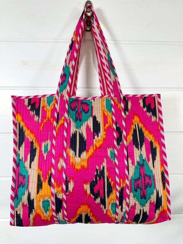 Large Quilted Tote Bag | Cotton Block Print Tote Bag | Ikat