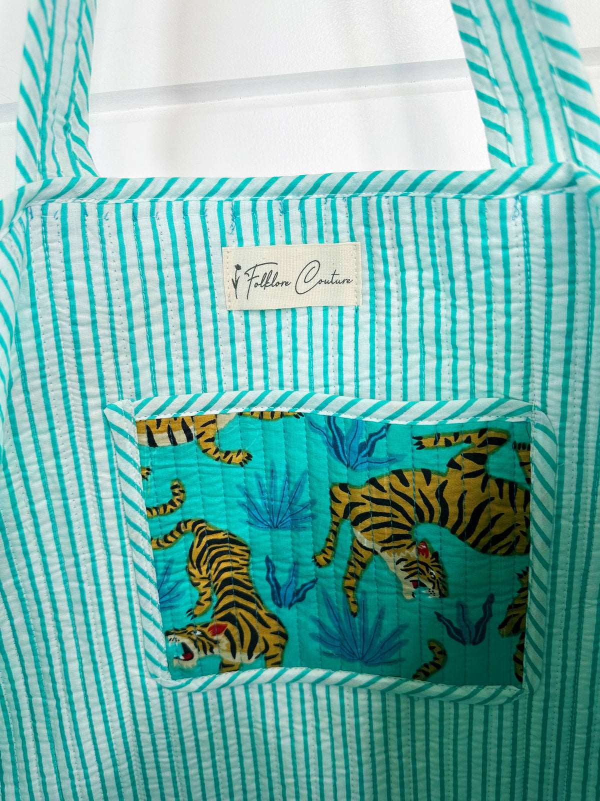 Tiger Tote Bags | Aqua Blue Quilted Bag | Large Travel Totes