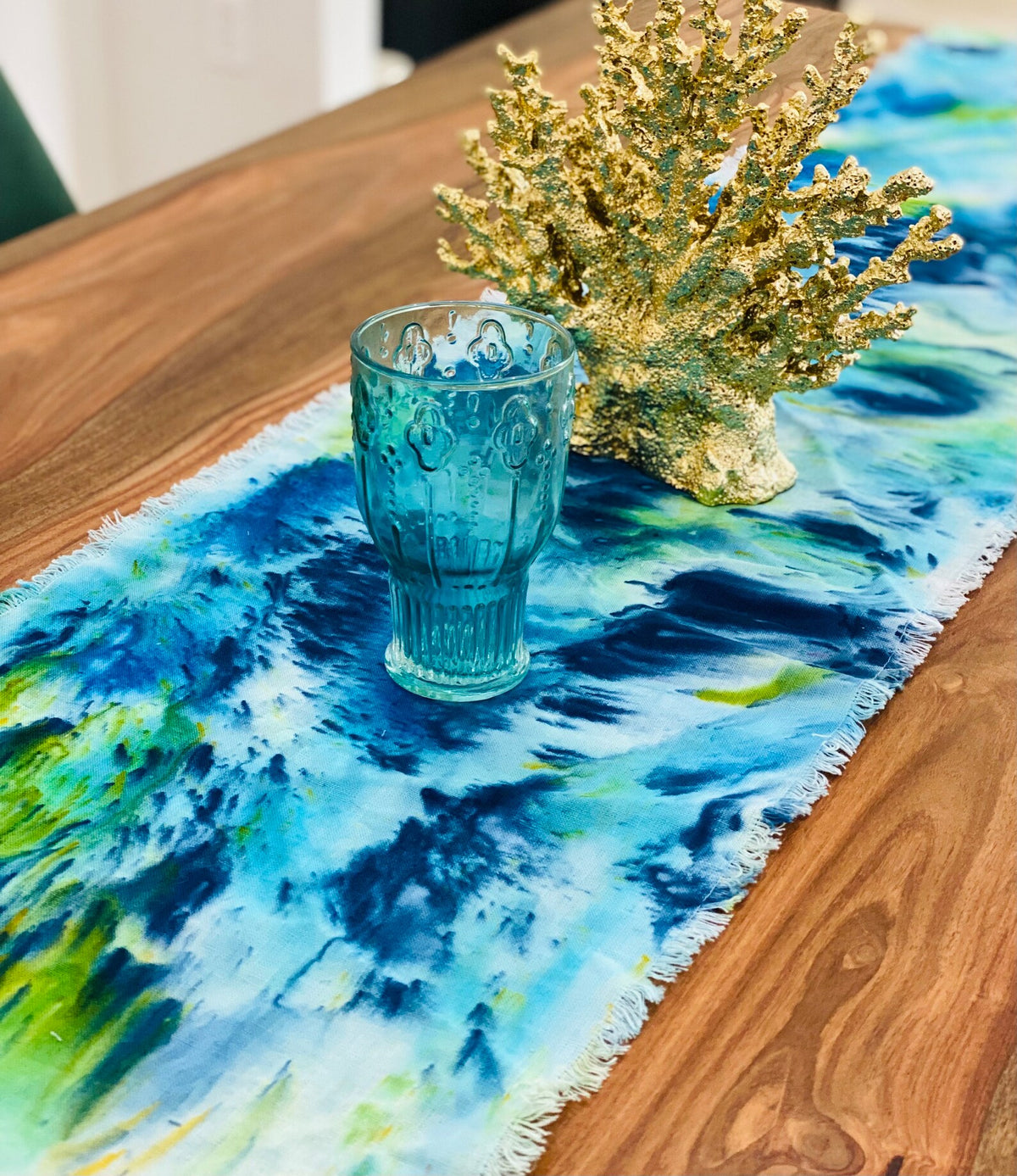 Hand Dyed Linen Table Runner- Poseidon